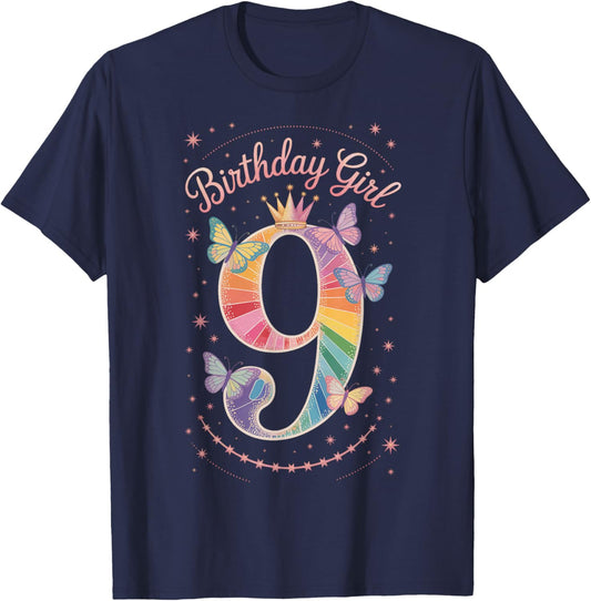 Birthday Girl 9 Crown Butterfly Shimmer Girls Ninth T-Shirt - T-Shirt | Navy