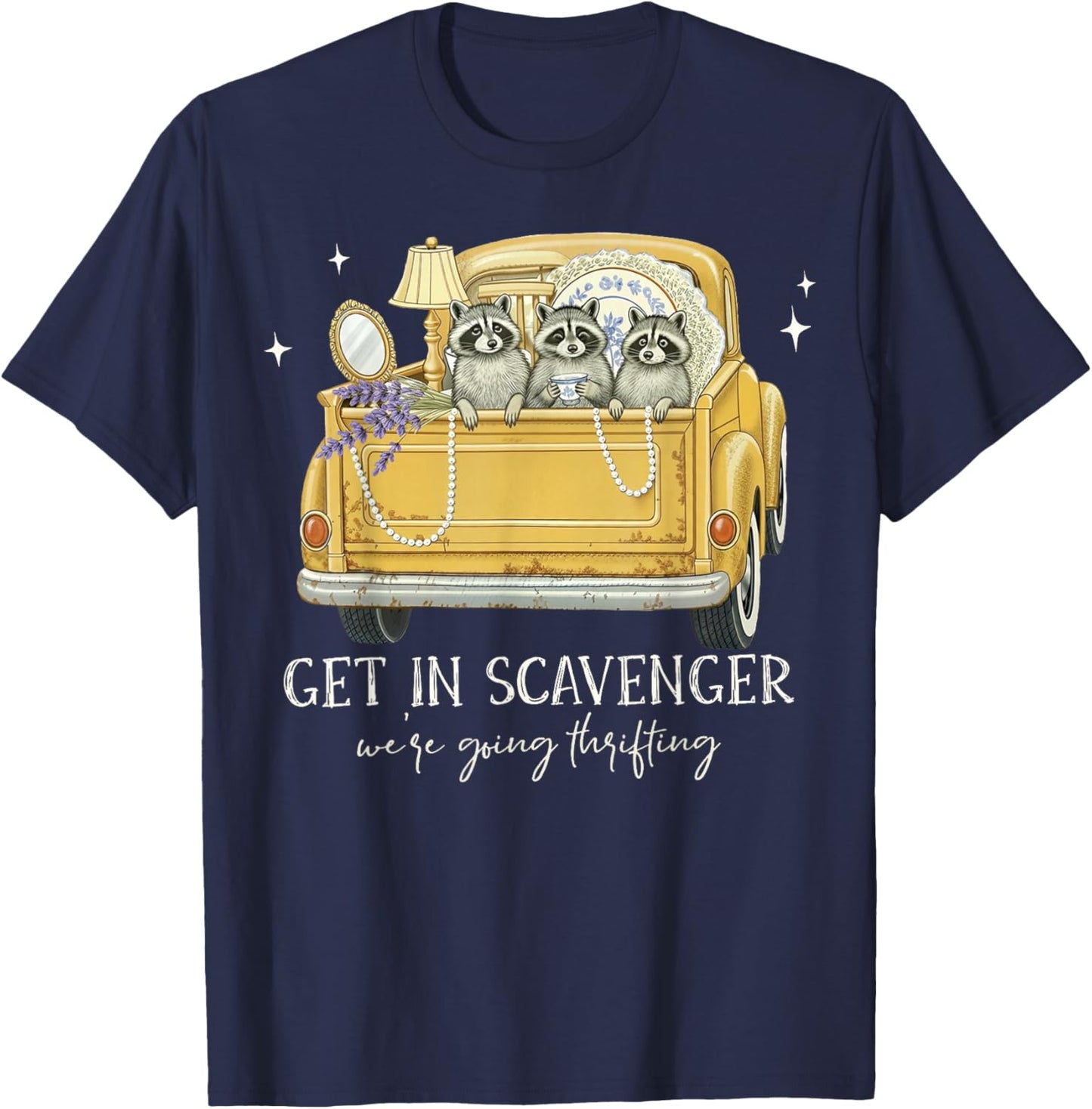 Get in Scavenger We're Going Thrifting Raccoon Vintage Car T-Shirt - T-Shirt | Navy