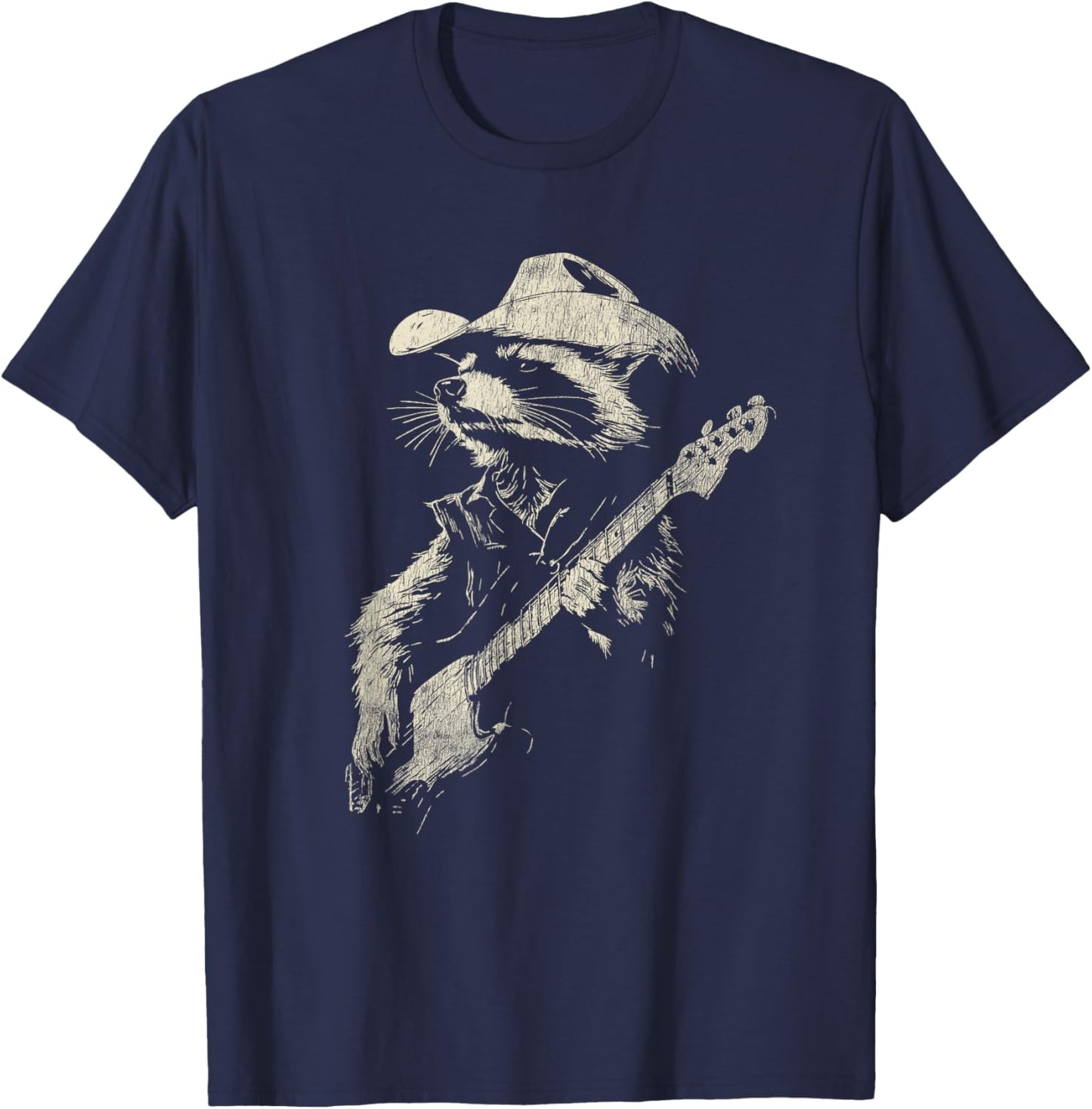 Funny Distressed Cowboy Raccoon Playing the Guitar T-Shirt - T-Shirt | Navy