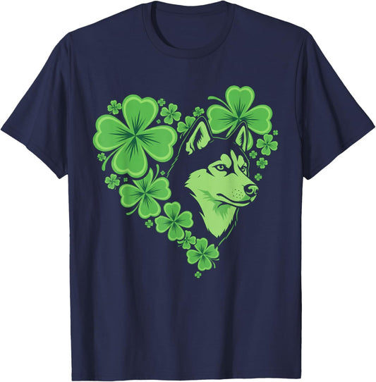 Cute Siberian Husky Dog Heart Shamrock St Patricks Day T-Shirt - T-Shirt | Navy