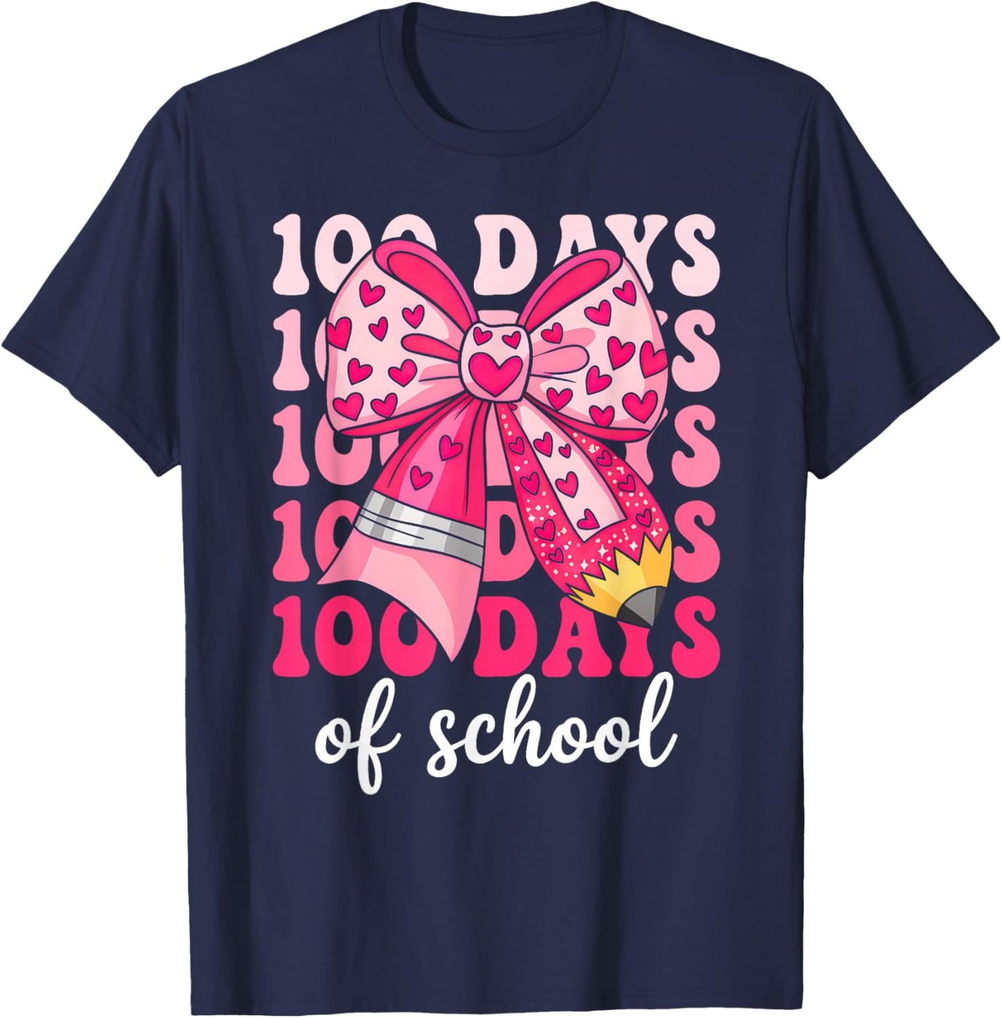 100 Days of School Coquette Bow Girls 100th Day of School T-Shirt - T-Shirt | Navy