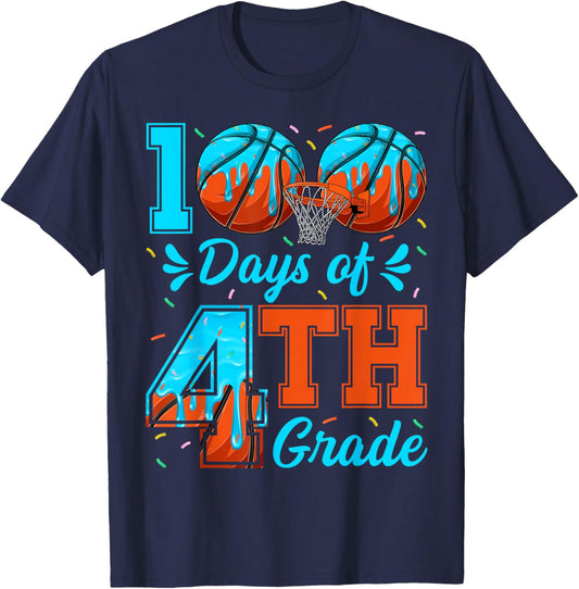 100 Days of 4th Grade Basketball 100th Day of School Boys T-Shirt - T-Shirt | Navy