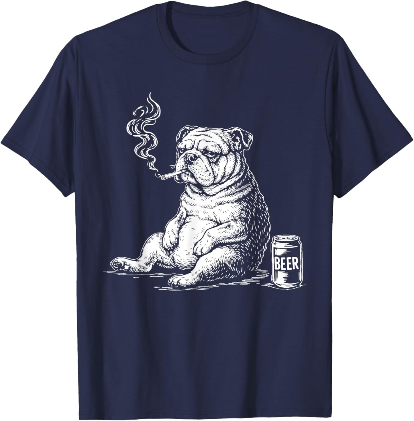 Smoking Bulldog with Beer Sarcastic Meme T-Shirt - T-Shirt | Navy