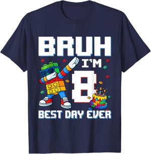 Bruh I’m 8 Colorful Block Character Birthday Kids Boys T-Shirt - T-Shirt | Navy
