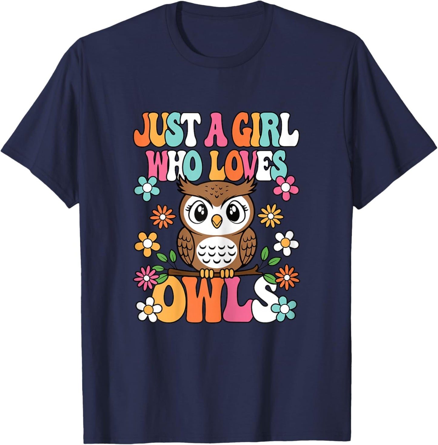 Just A Girl Who Loves Owls Cute Groovy Owl Lover Kids T-Shirt - T-Shirt | Navy