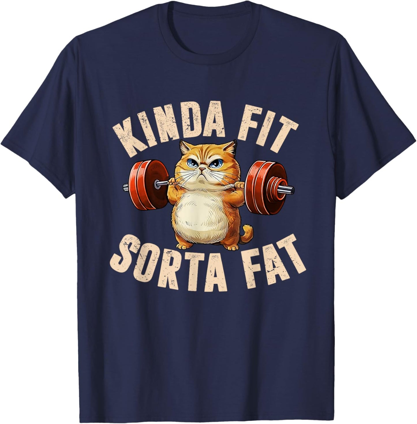 Kinda Fit Sorta Fat Funny Gym Cute Cat Retro T-Shirt - T-Shirt | Navy