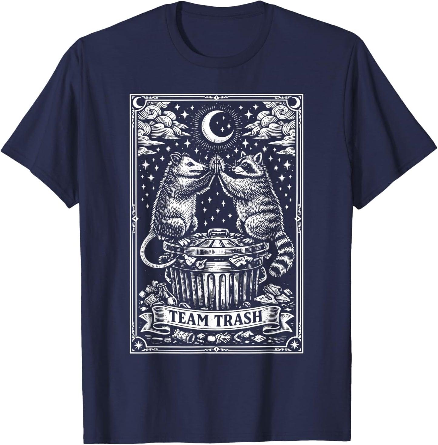 Vintage Tarot Card Raccoon Opossum Crescent Moon Raccoon T-Shirt - T-Shirt | Navy