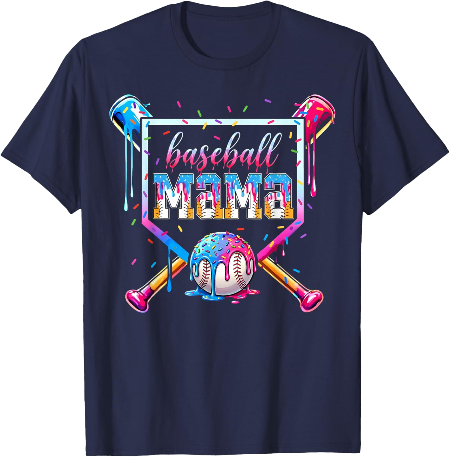 Baseball Mama Ice Cream Drip Gift Women Boy Kids T-Shirt - T-Shirt | Navy