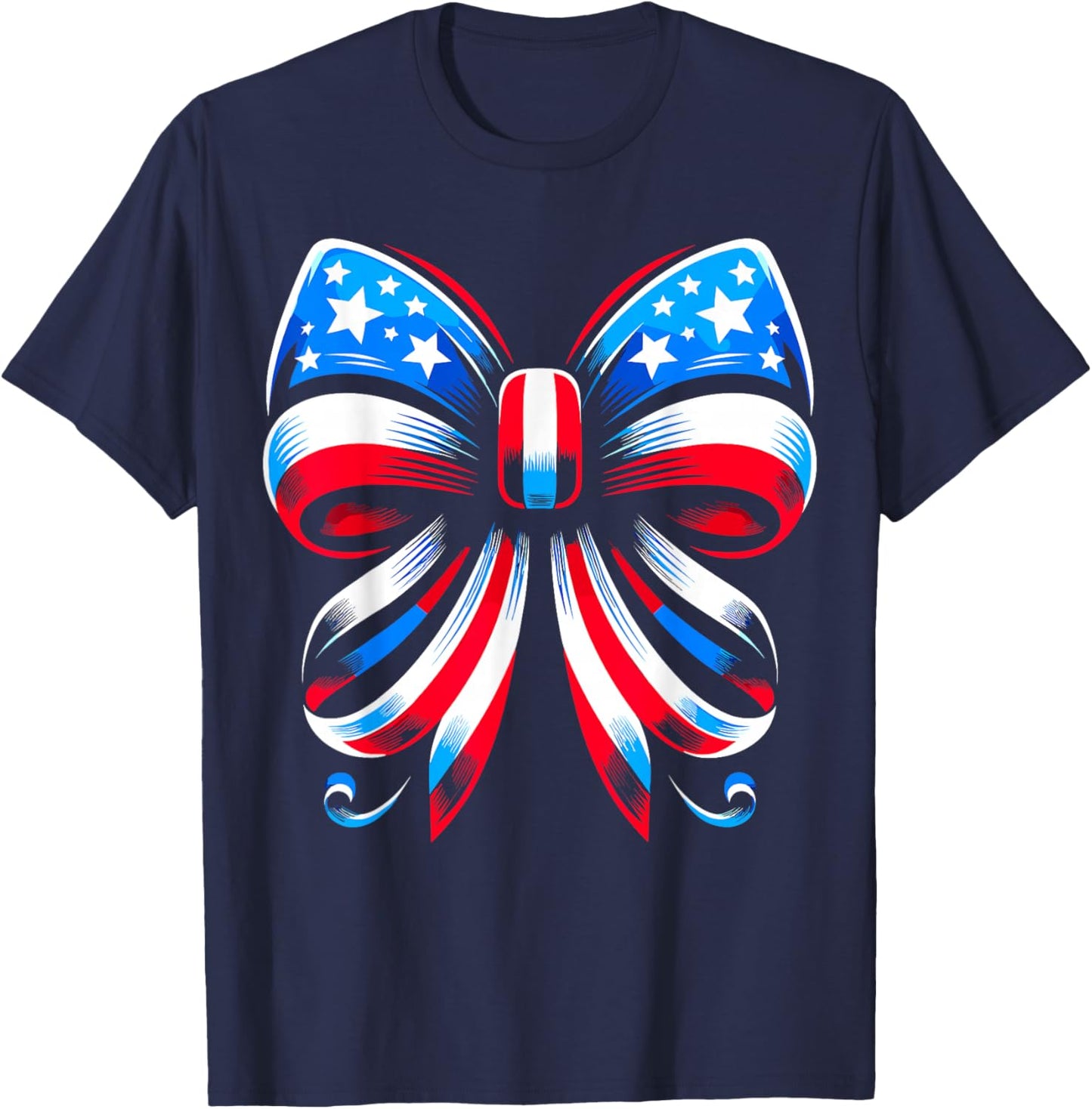 Coquette Bow Ribbon Red White Blue USA Flag 4th of July T-Shirt - T-Shirt | Navy