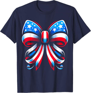 Coquette Bow Ribbon Red White Blue USA Flag 4th of July T-Shirt - T-Shirt | Navy