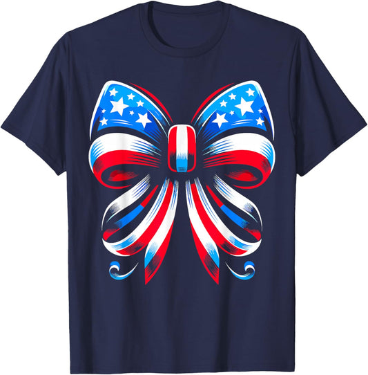 Coquette Bow Ribbon Red White Blue USA Flag 4th of July T-Shirt - T-Shirt | Navy