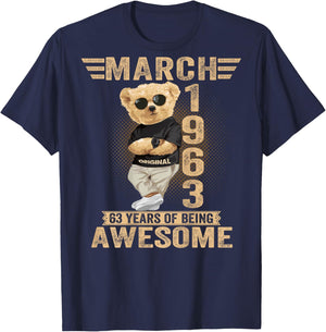 (ON Back) March 63rd Birthday Men Women 1963 Teddy Bear T-Shirt - T-Shirt | Navy