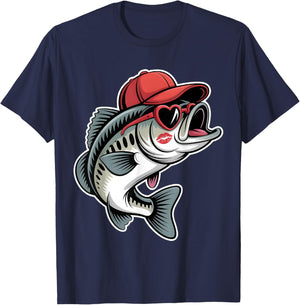 Funny Valentine Fishing Bass Heart Sunglasses Kids Boys T-Shirt - T-Shirt | Navy