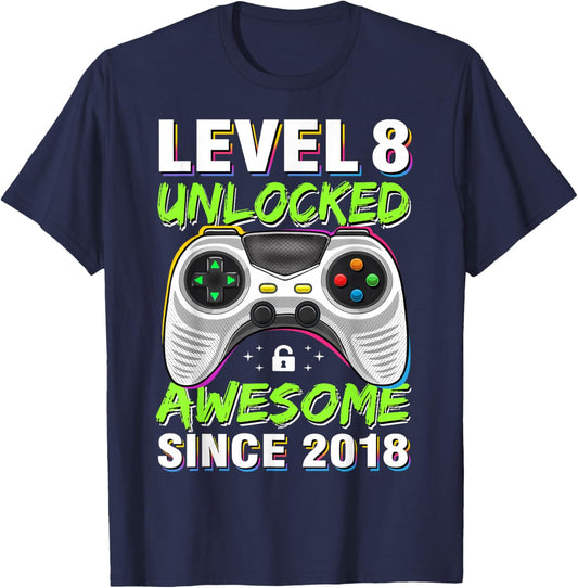 Level 8 Unlocked Awesome Since 2018 8th Birthday Gaming Boys T-Shirt - T-Shirt | Navy