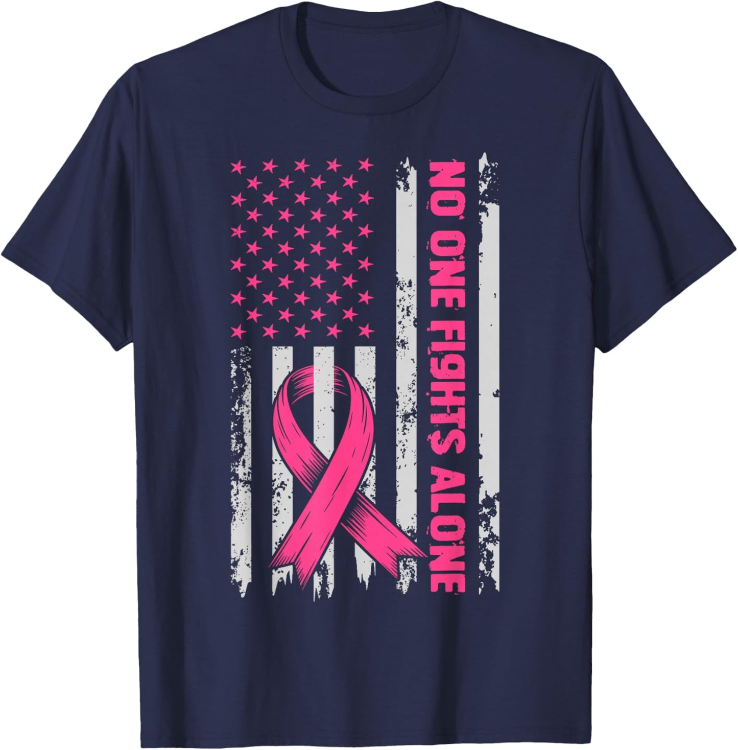 No One Fights Breast Cancer Alone US Flag Pink Ribbon T-Shirt - T-Shirt | Navy