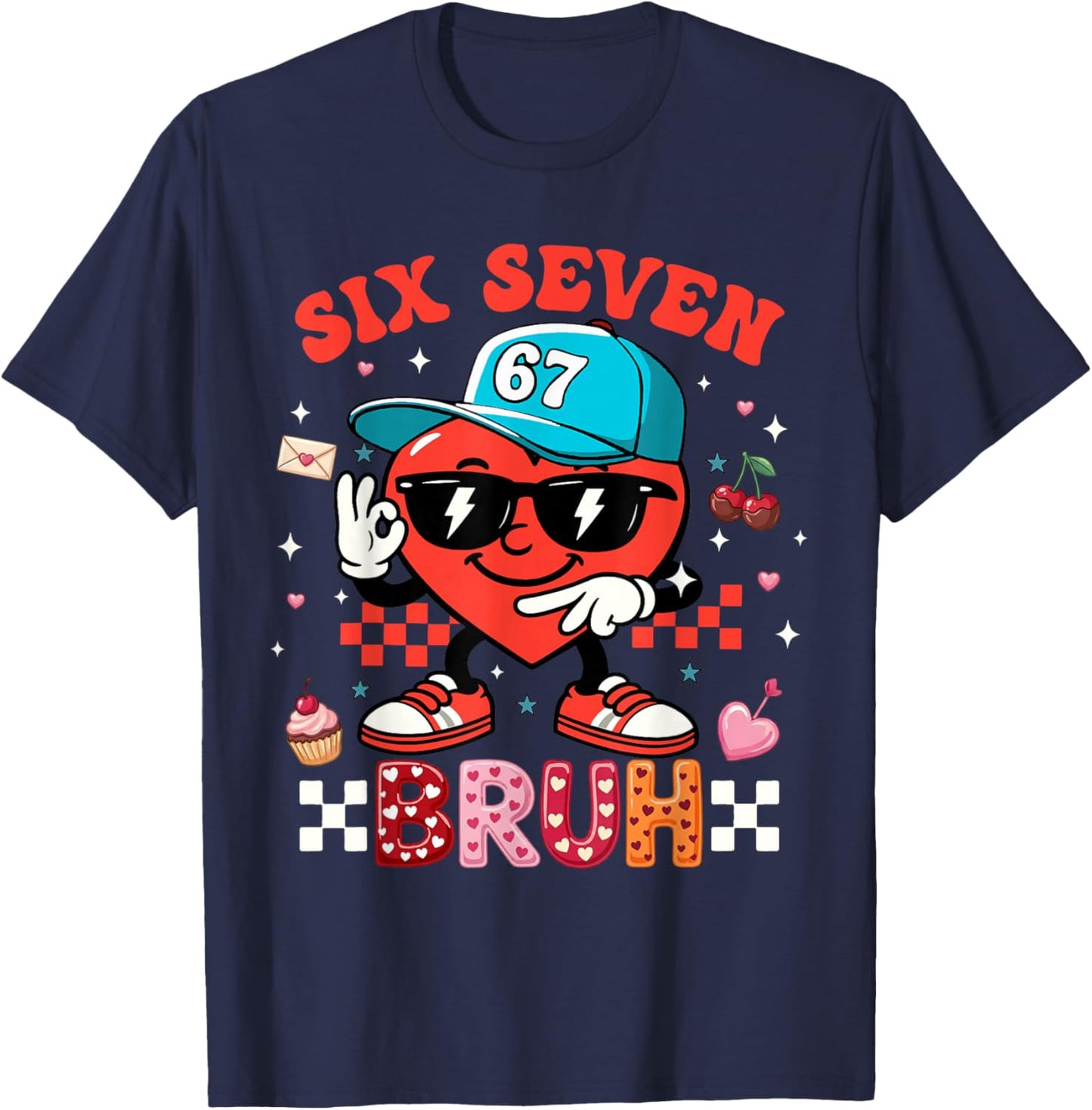 Funny Six Seven 67 6 7 Meme Heart Valentines Bro Kids Boys T-Shirt - T-Shirt | Navy