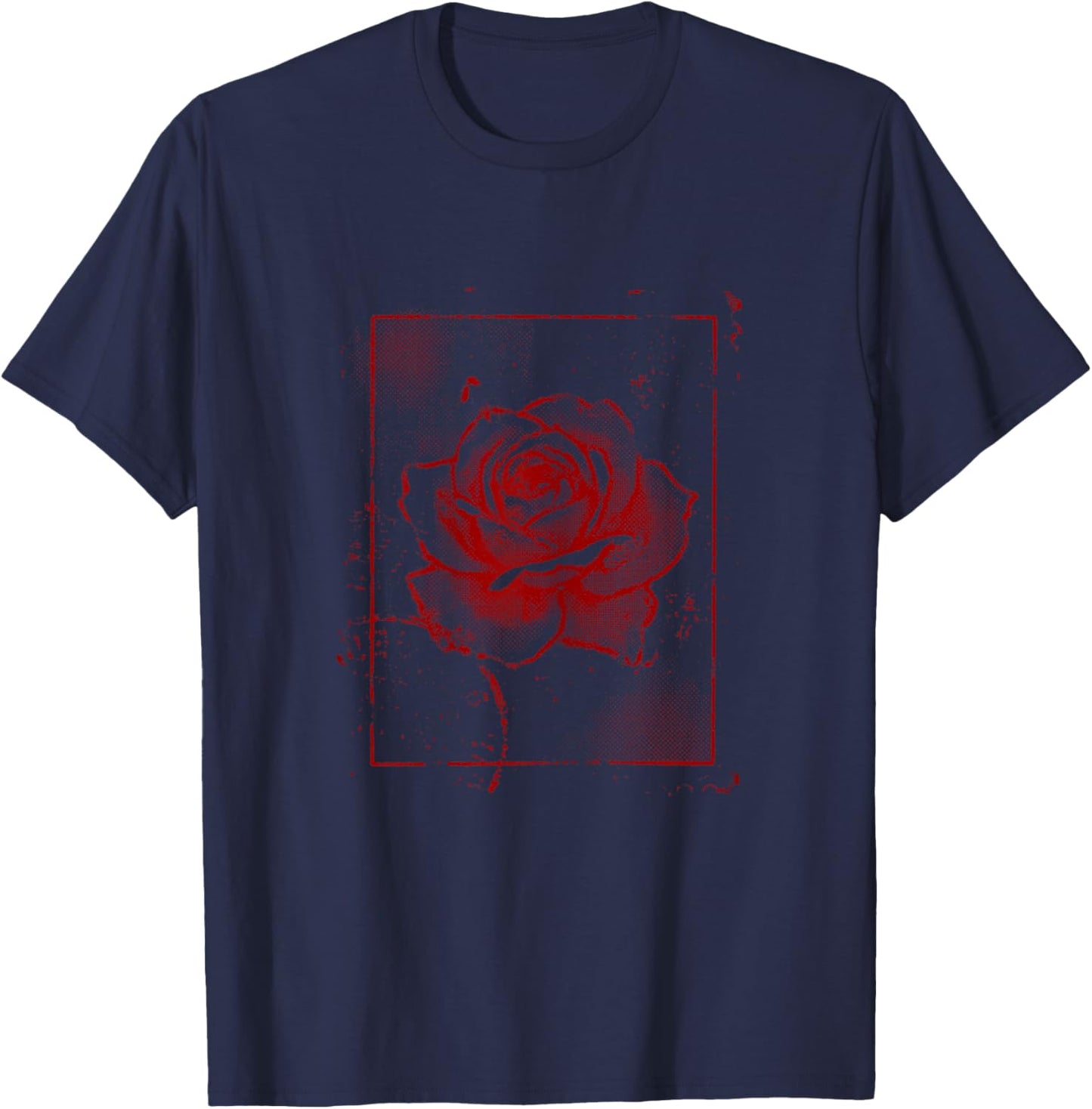 Grunge Red Rose Vintage Floral Distressed Graphic Women Girl T-Shirt - T-Shirt | Navy