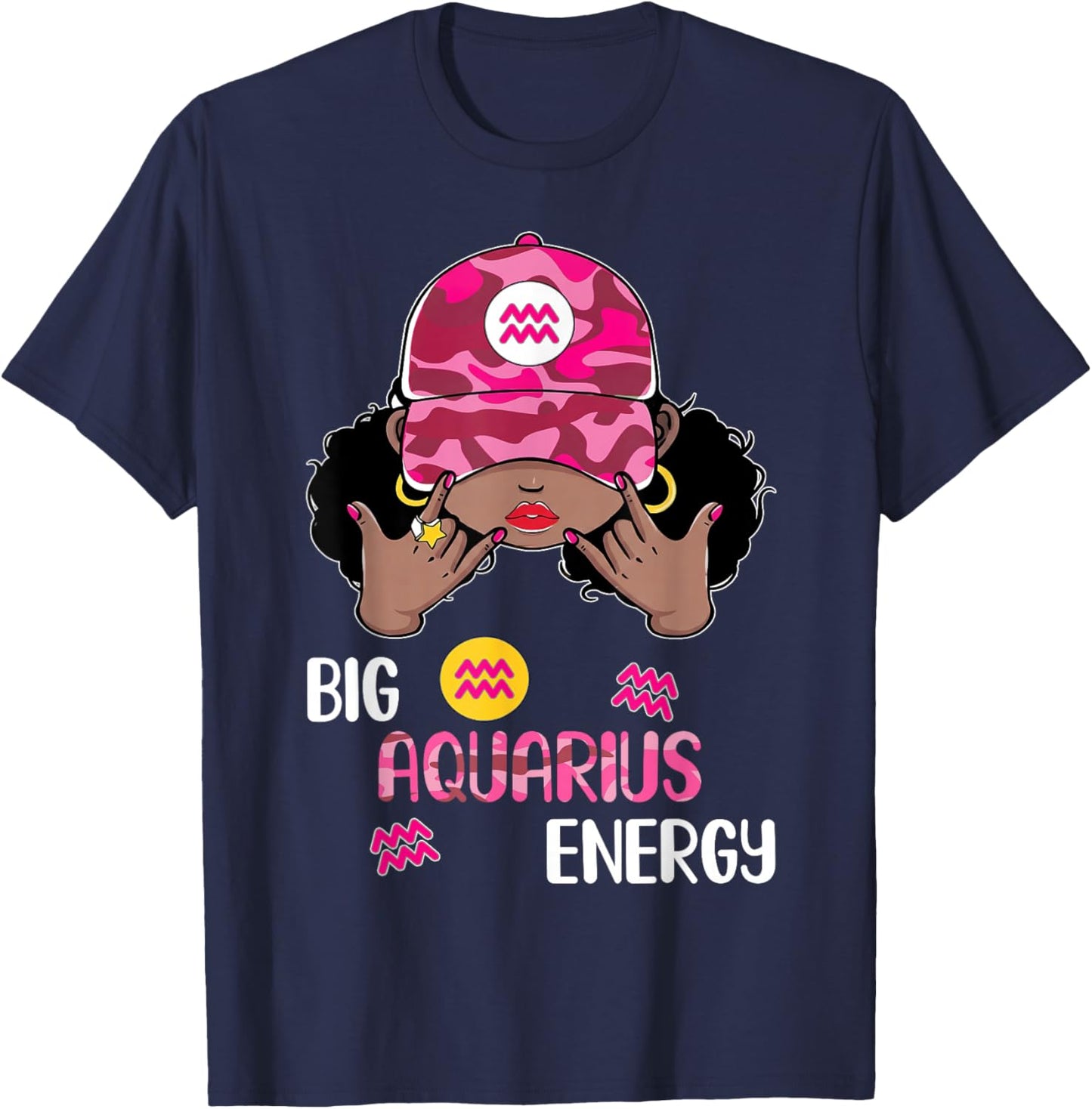 Big Aquarius Energy Woman Pink Camo Cap Afro Girl Zodiac T-Shirt - T-Shirt | Navy