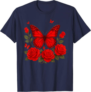 Red Butterfly Rose Flowers T-Shirt - T-Shirt | Navy