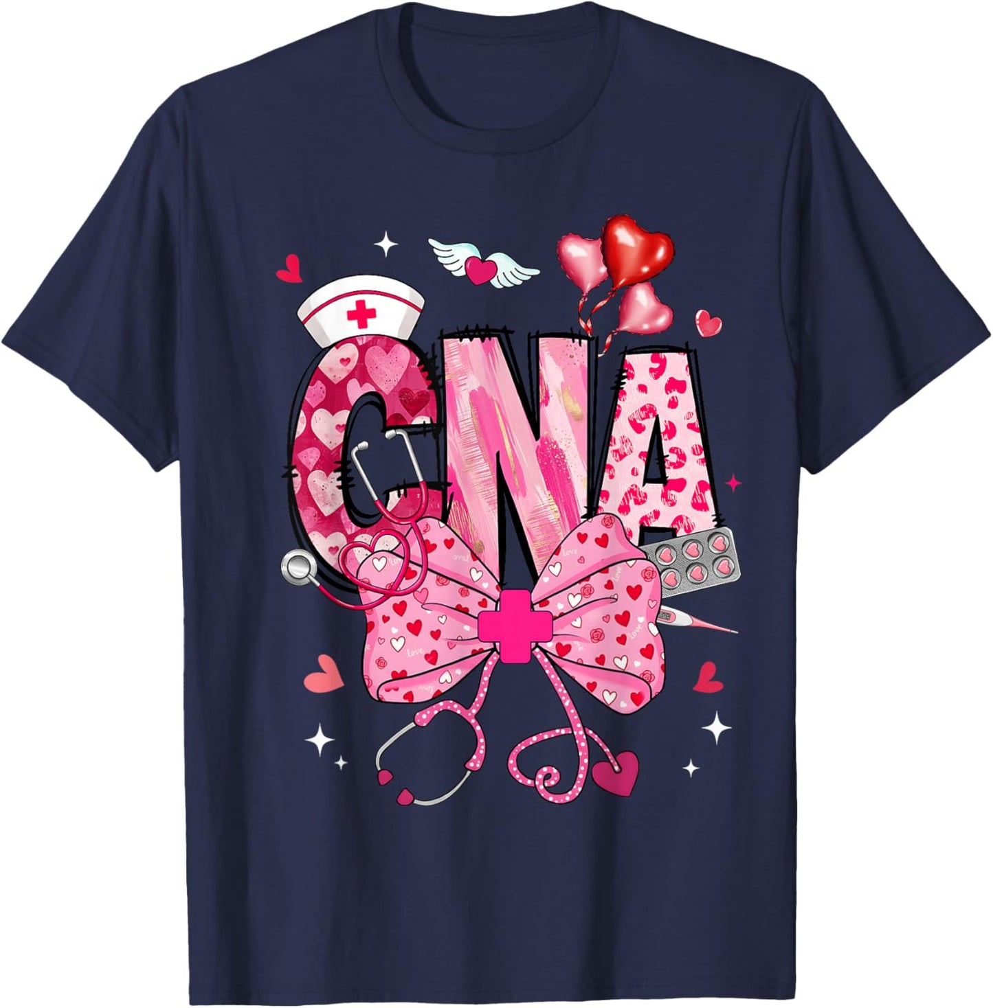 CNA Valentine Coquette Bow Stethoscope Nurse Girl Women T-Shirt - T-Shirt | Navy