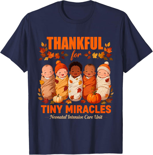 Fall Baby Thankful for Tiny Miracles NICU Thanksgiving Nurse T-Shirt - T-Shirt | Navy