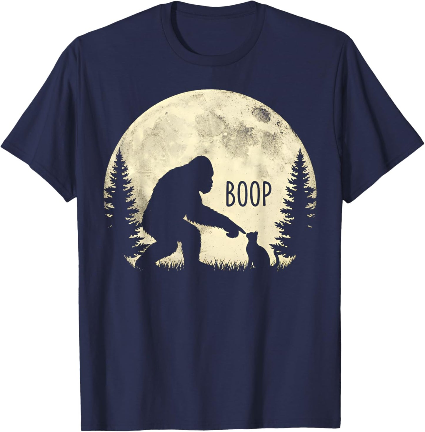 Fun Hand Boop Nose Bigfoot Cat Under Full Moon Night Lovers T-Shirt - T-Shirt | Navy