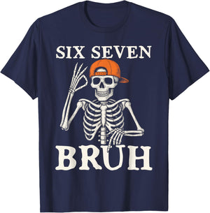 6 7 Bruh Meme Gen Alpha Halloween Skeleton Six Seven Boys T-Shirt - T-Shirt | Navy