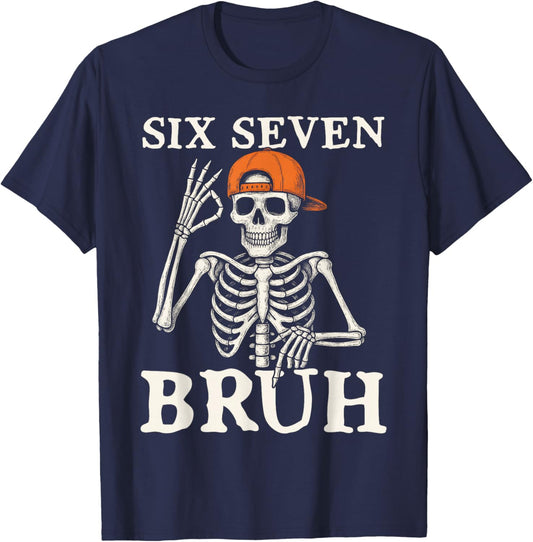6 7 Bruh Meme Gen Alpha Halloween Skeleton Six Seven Boys T-Shirt - T-Shirt | Navy