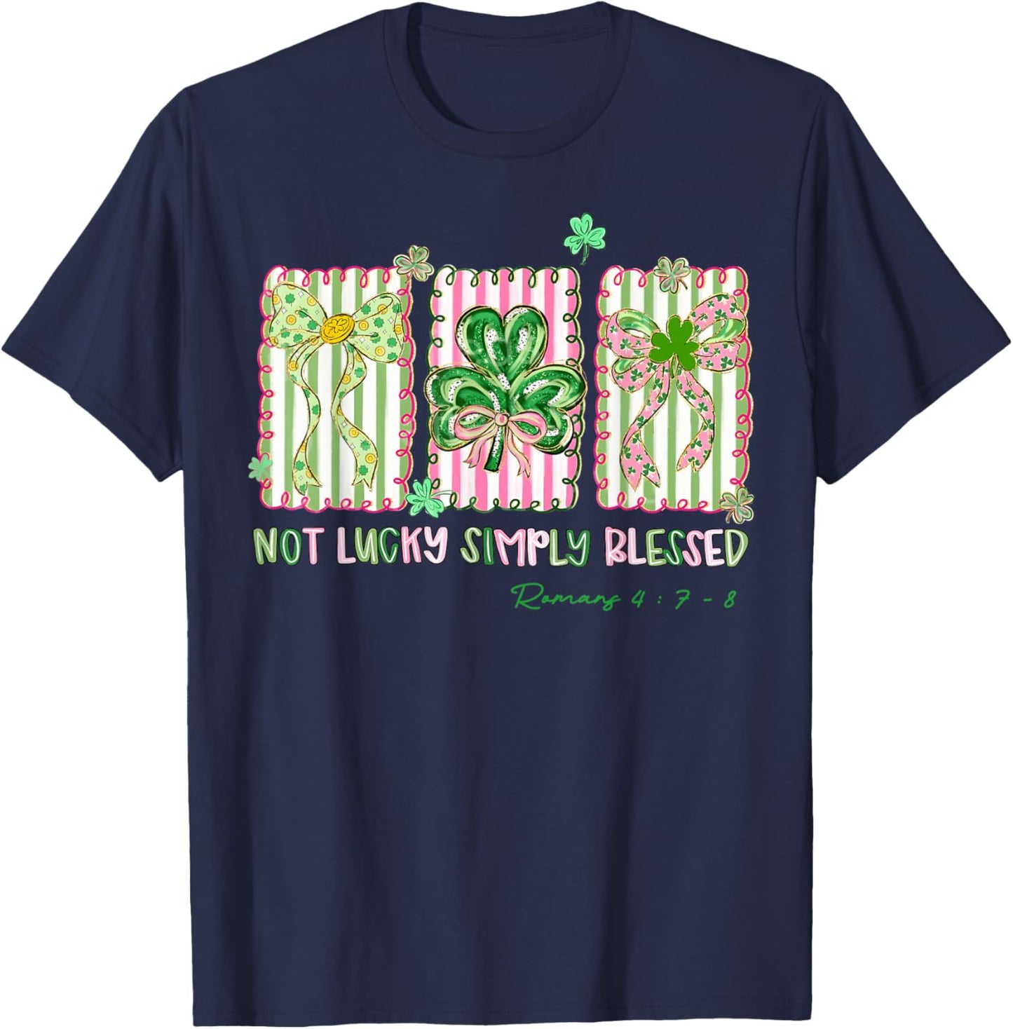 Preppy St Patrick's Day Simply Blessed Coquette Bow Shamrock T-Shirt - T-Shirt | Navy