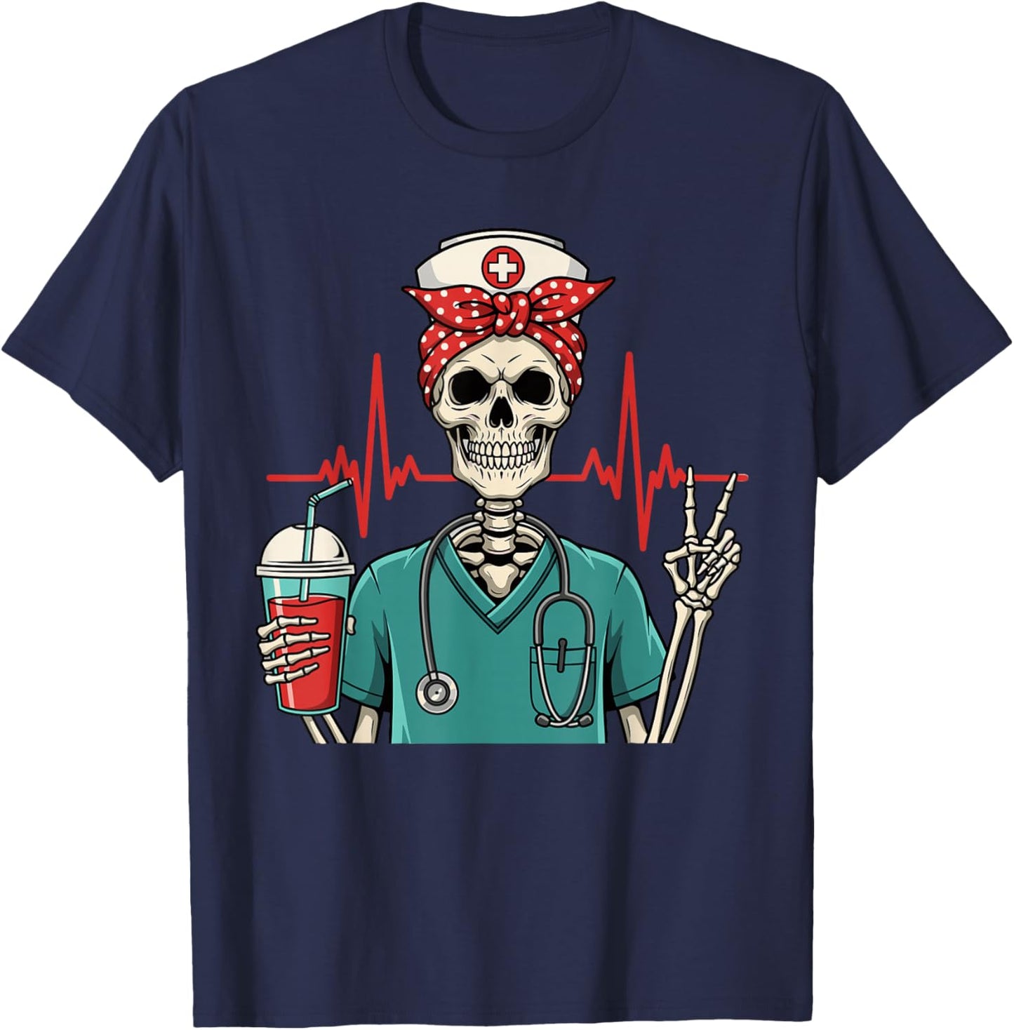 Funny Skeleton Nurse Coffee Lover Halloween Nurse T-Shirt - T-Shirt | Navy