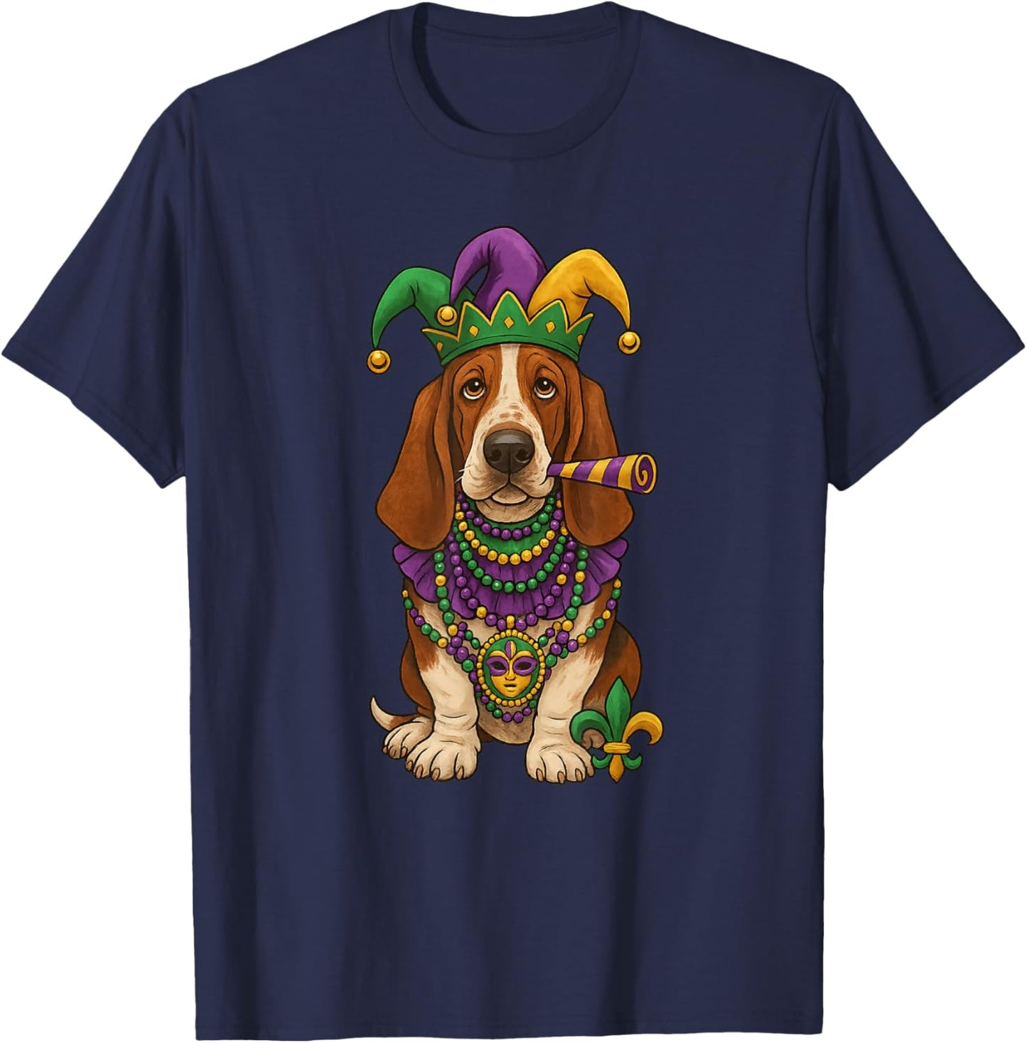 Mardi Gras, Basset Hound, Cute Dog T-Shirt - T-Shirt | Navy