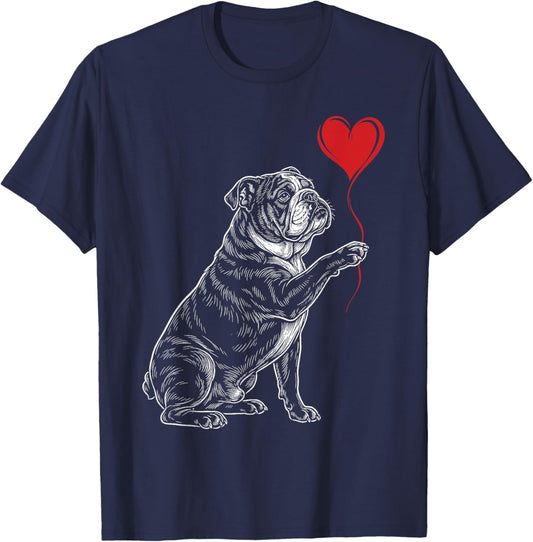 English Bulldog Dog Art Holding Heart Valentines T-Shirt - T-Shirt | Navy