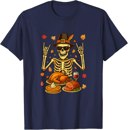 Santa Skeleton Sunglasses Pilgrim Thanksgiving Dinner Wine T-Shirt - T-Shirt | Navy