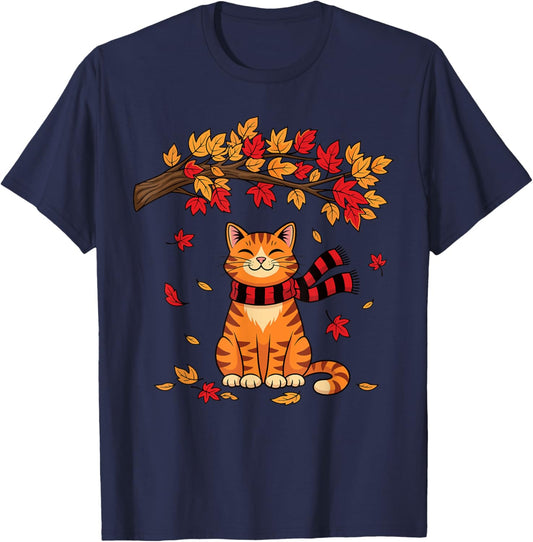Cute Cat Leaf Fall Autumn Cat Thanksgiving It’s Fall Y’All T-Shirt - T-Shirt | Navy