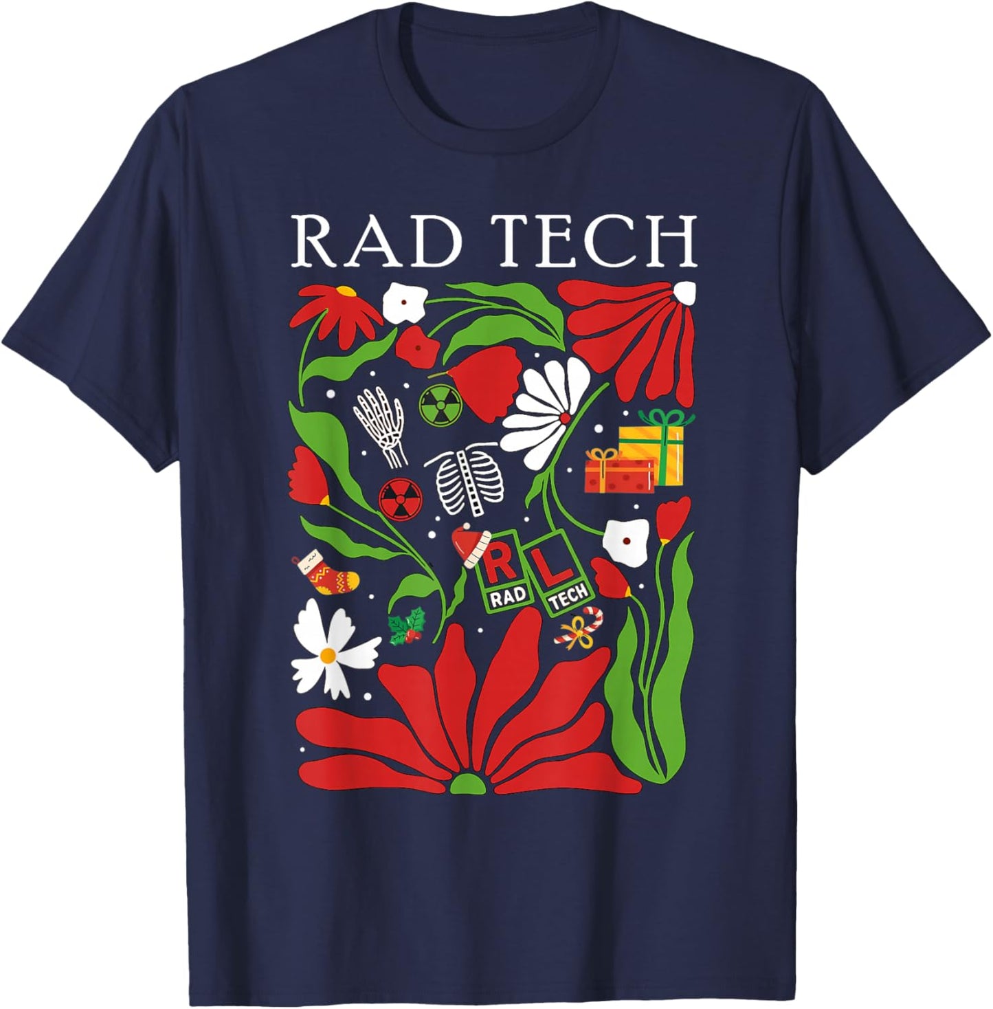Christmas Radiology Boho Floral RAD Tech X-ray Technologist T-Shirt - T-Shirt | Navy