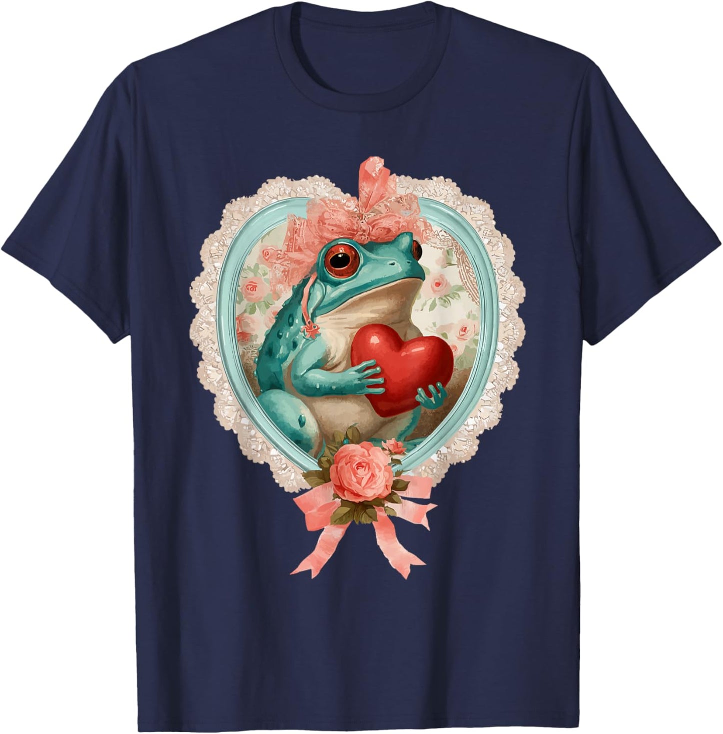 Vintage Valentine Frog with Heart Romantic Animal Coquette T-Shirt - T-Shirt | Navy