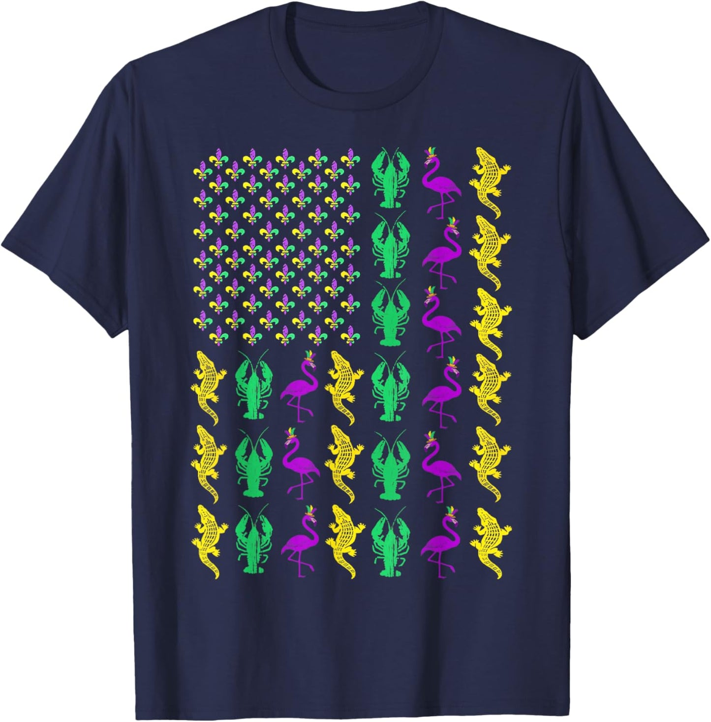Mardi Gras American Flag Crawfish Flamingo Alligator Party T-Shirt - T-Shirt | Navy