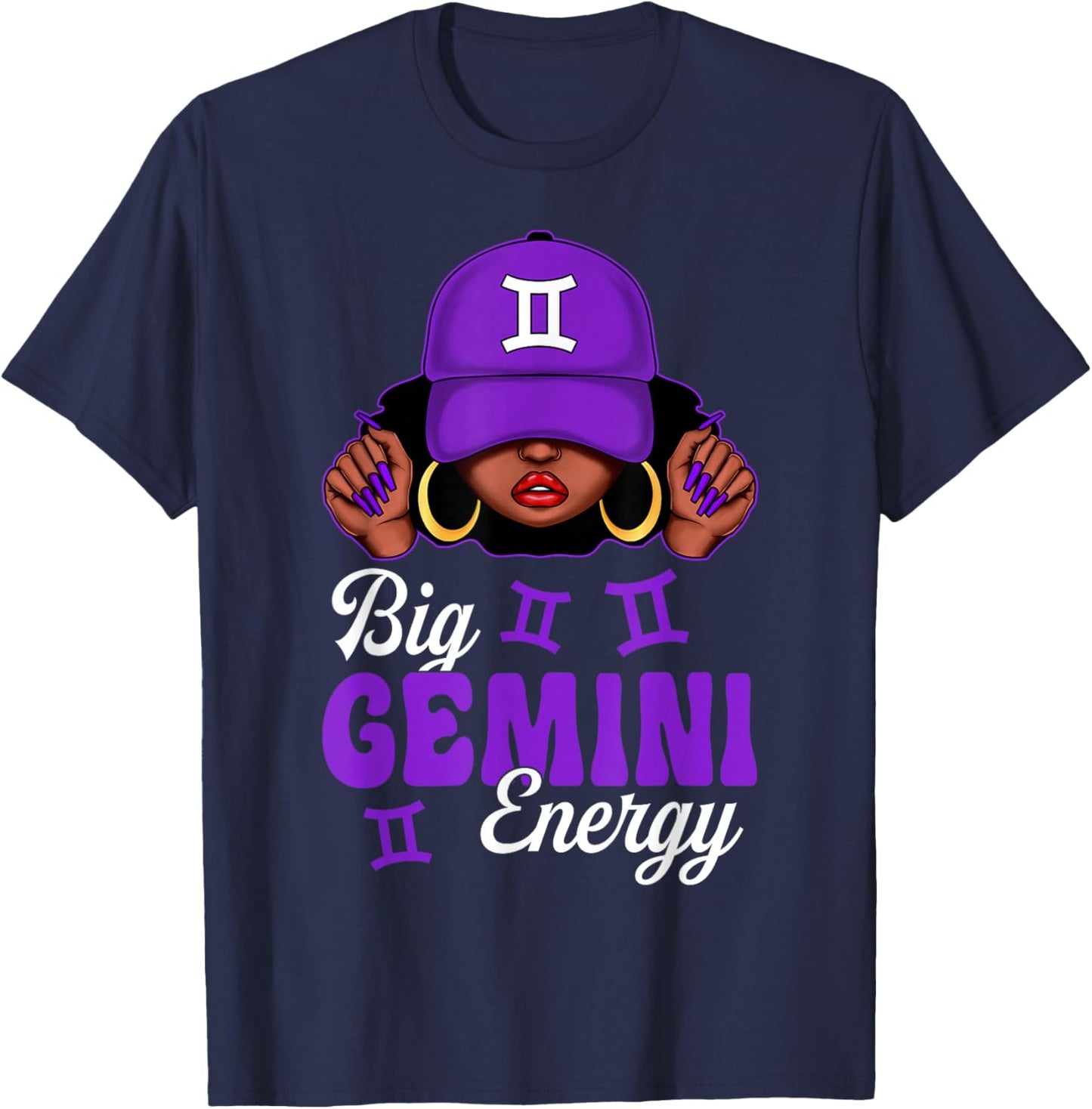 Big Gemini Energy Black Woman Purple Cap Zodiac Sign T-Shirt - T-Shirt | Navy