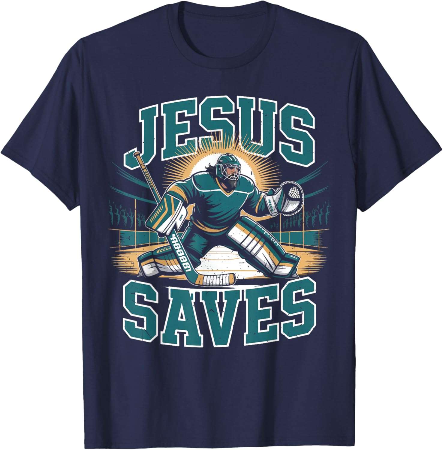 Christian Hockey Jesus Saves Goalie Humor Religious Hockey T-Shirt - T-Shirt | Navy