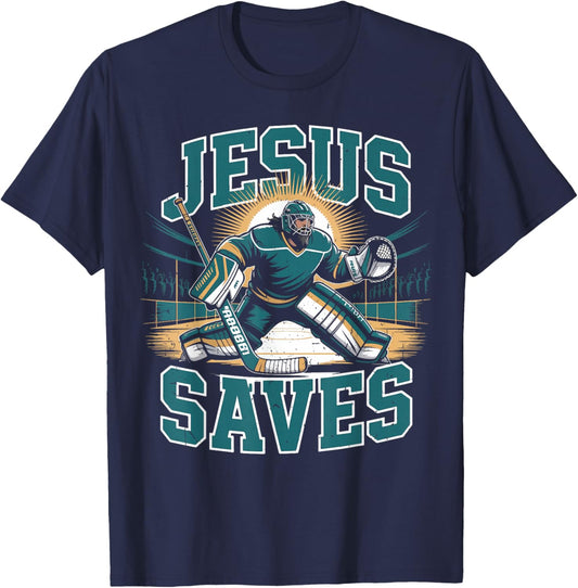 Christian Hockey Jesus Saves Goalie Humor Religious Hockey T-Shirt - T-Shirt | Navy