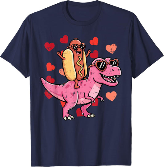 Hotdog Trex Dino Valentines Day Kids Toddler Boys Youth T-Shirt - T-Shirt | Navy