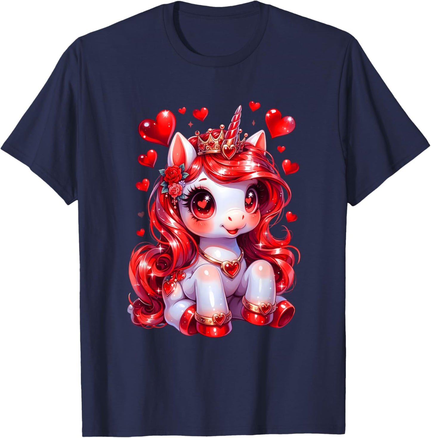 Cute Unicorn Heart Valentines Day Girls Kids Women Valentine T-Shirt - T-Shirt | Navy