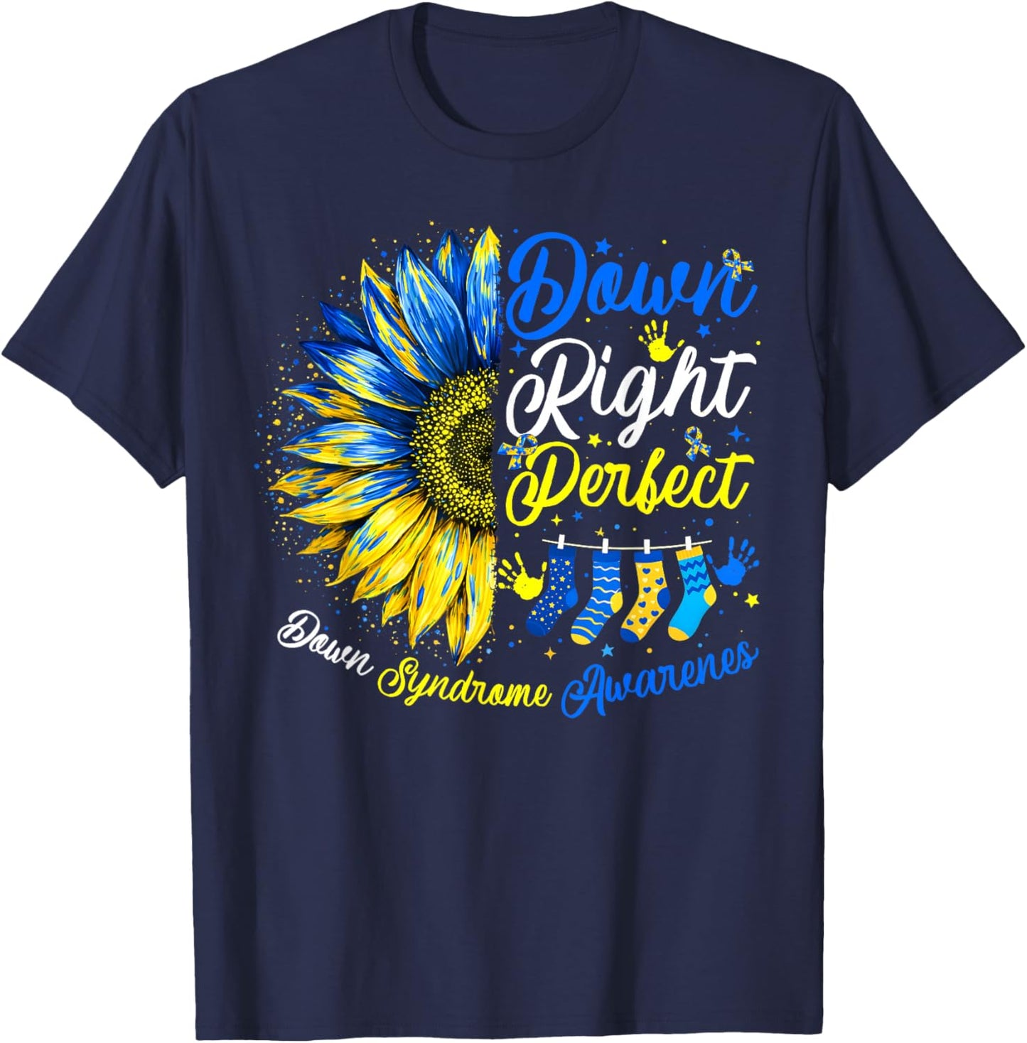 Down Right Perfect Sunflower Ribbon Down Syndrome Awareness T-Shirt - T-Shirt | Navy
