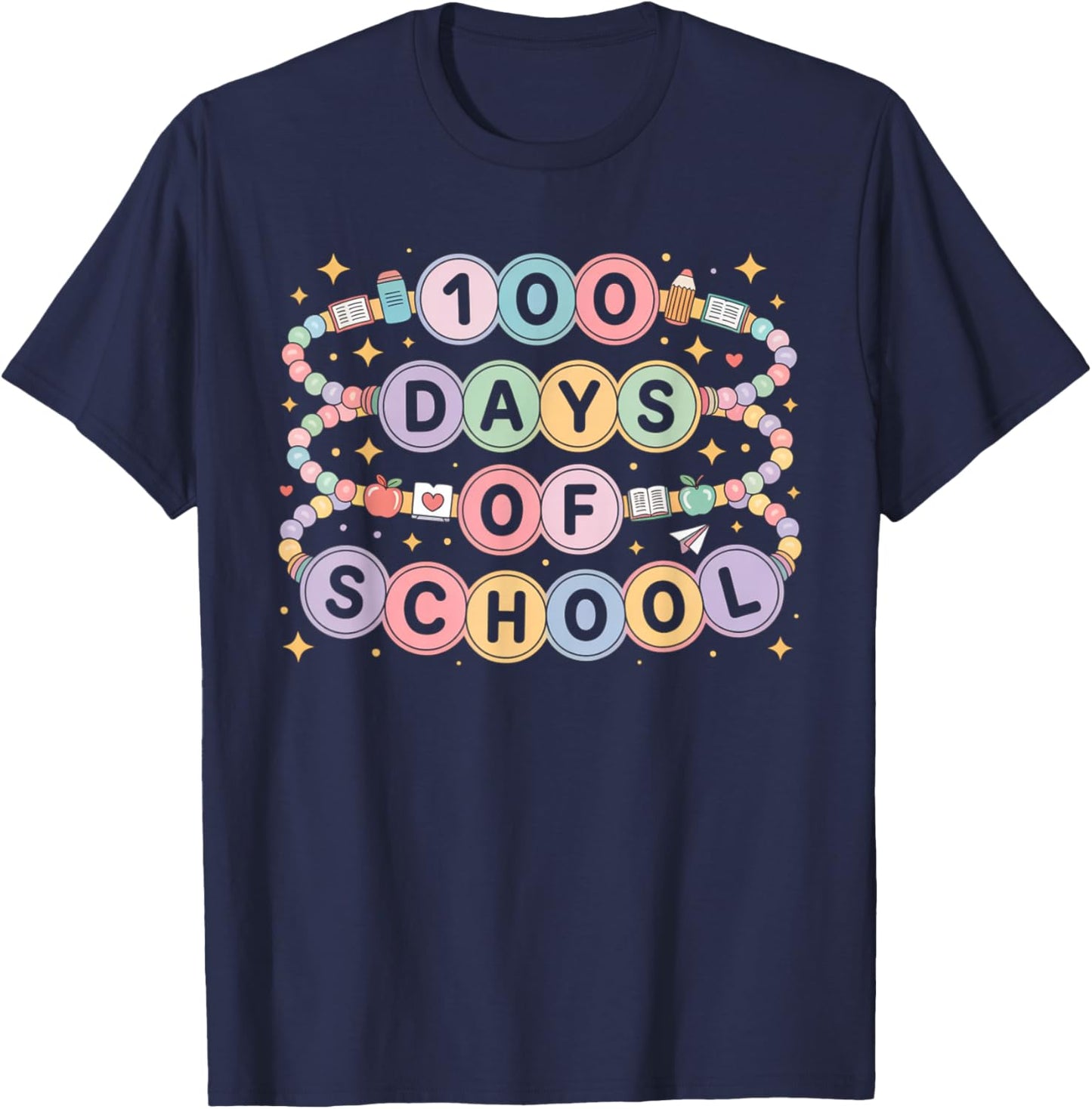 Cute 100 Days of School Beaded Bracelet Teacher Student T-Shirt - T-Shirt | Navy