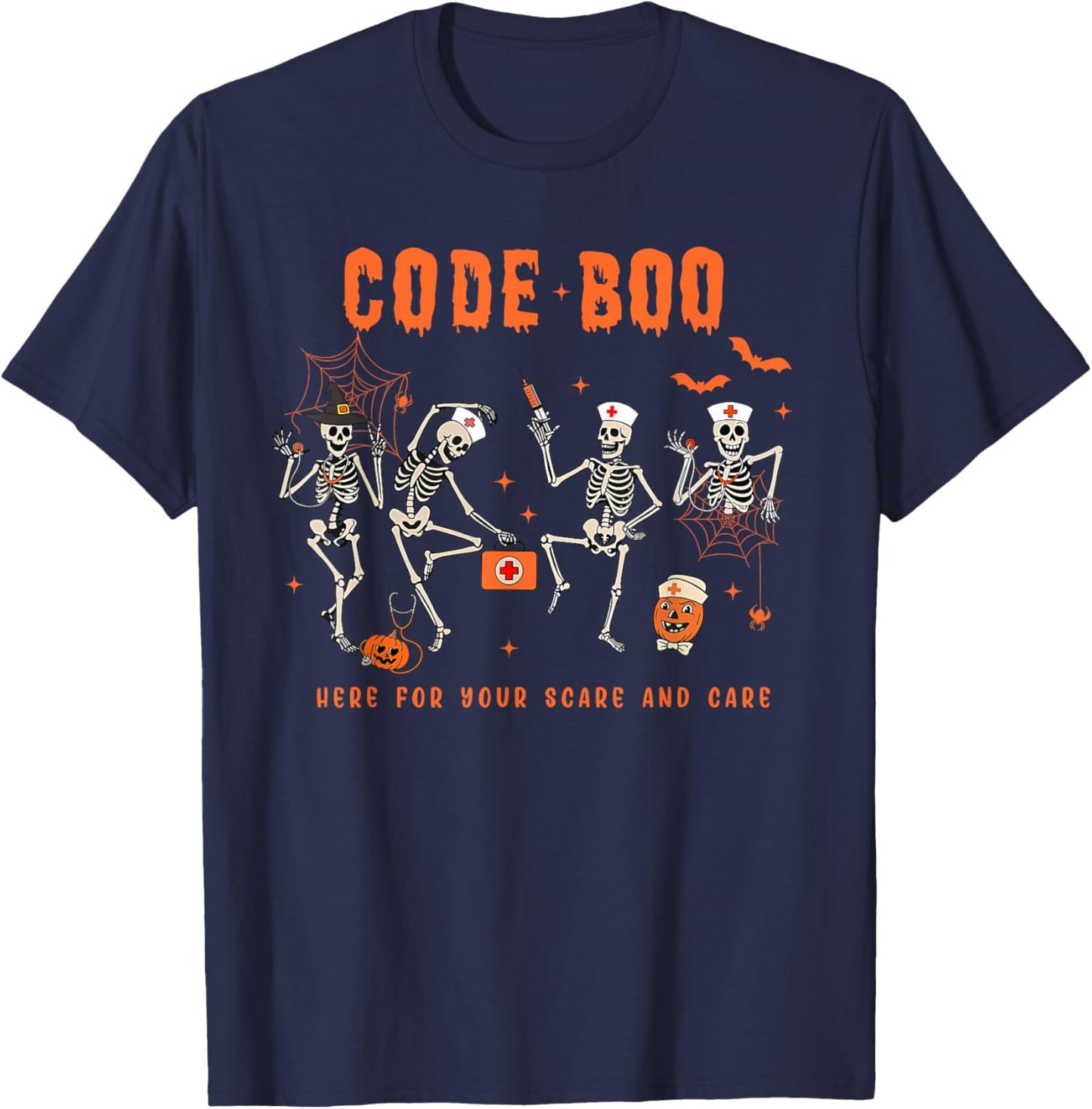 Code Boo Here for Your Scare and Care Nursing Halloween T-Shirt - T-Shirt | Navy