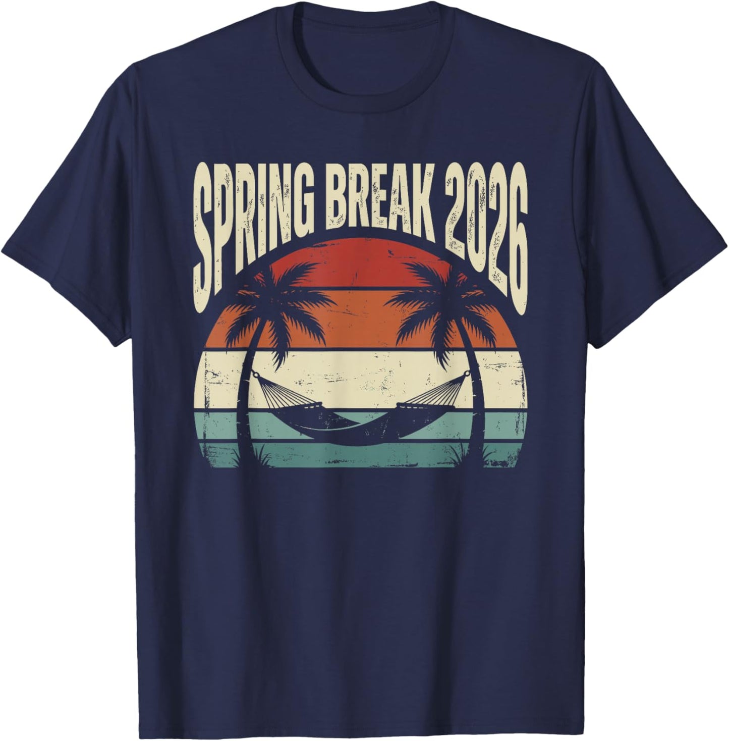 Spring Break 2026 Retro Beach Hammock Palm Tree Vacation T-Shirt - T-Shirt | Navy