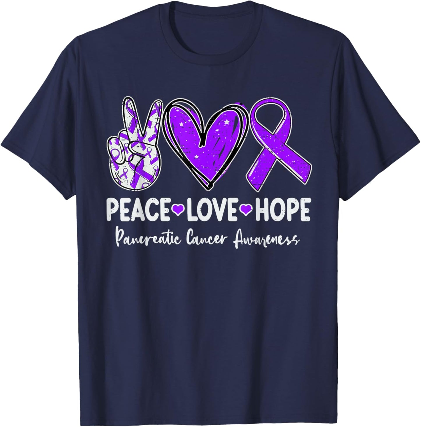 Peace Love Hope Pancreatic Cancer Awareness Ribbon Purple T-Shirt - T-Shirt | Navy
