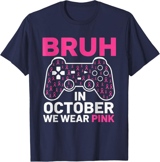 Bruh in October Wear Pink Breast Cancer Awareness Kids Boys T-Shirt - T-Shirt | Navy