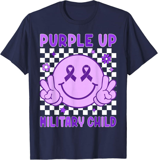 Purple Up for Military Kids Groovy Military Child Month T-Shirt - T-Shirt | Navy