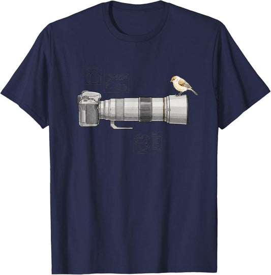 Bird Telephoto Buddy Camera & Perched Songbird Sketch T-Shirt - T-Shirt | Navy
